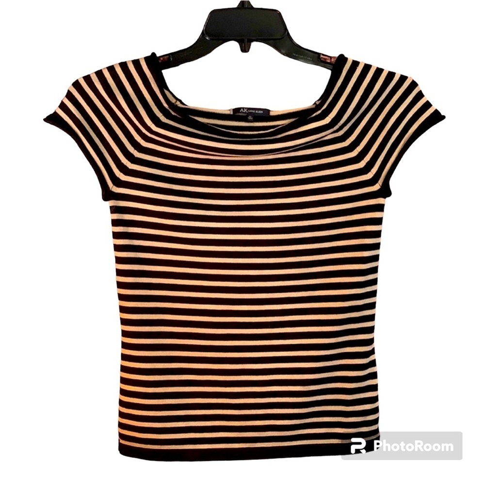 AK Anne Klein black and tan stripe boatneck top. Size petite small